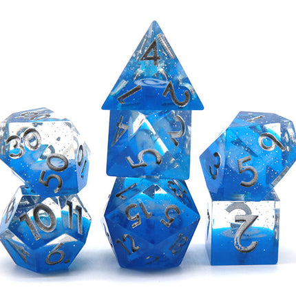 Dreaming of Space 7-Dice Set Resin Sharp Edge RPG DND Blue Glitter