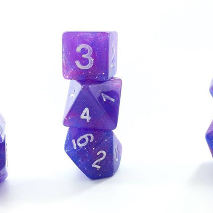 Purple Nebula Glitter Poly Dice Set (7) Semi-Translucent New RPG DnD Space Roll