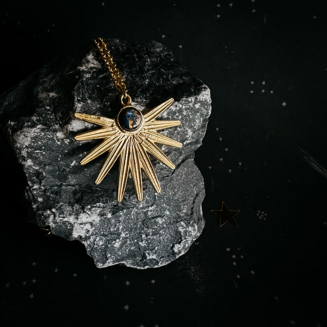 Dark Before the Dawn Sunburst Pendant Necklace with Copper Lapis Lazuli