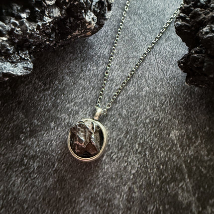 Small Round Meteorite Pendant Necklace in Matte Brushed Silver