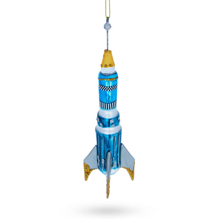 Blue Rocket Space Shuttle Glass Christmas Ornament