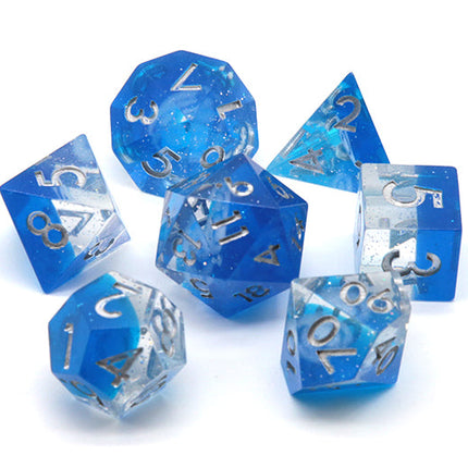 Dreaming of Space 7-Dice Set Resin Sharp Edge RPG DND Blue Glitter