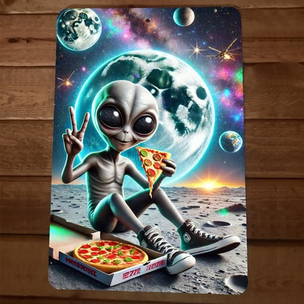 Alien Eating Pizza in Space 8x12 Metal Wall Sign
