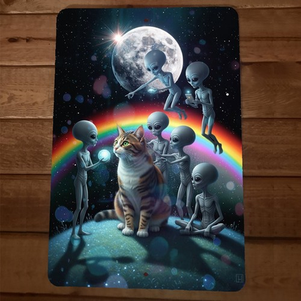 Aliens and Cat Rainbow Space 8x12 Metal Wall Sign